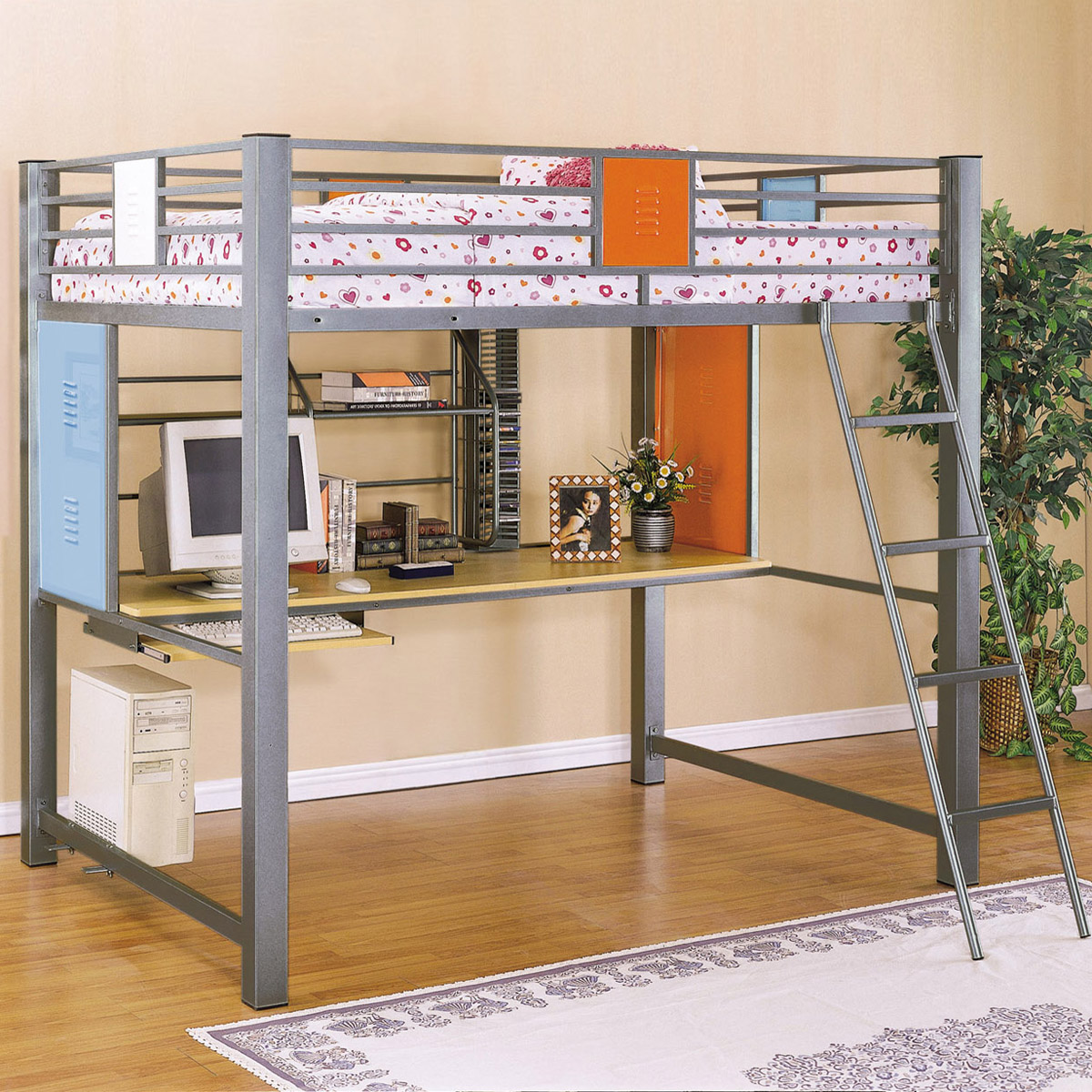 full size bunk bed with desk under